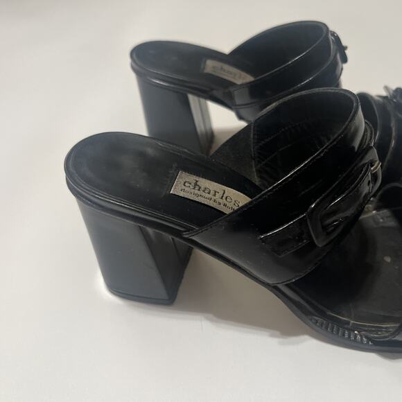 Sz 7 Women’s Vintage Charles David Black Chunky Buckle Heel Sandal - Picture 2 of 7
